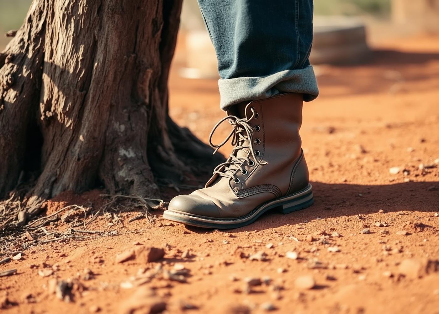Dusty work boots beside an old vine trunk